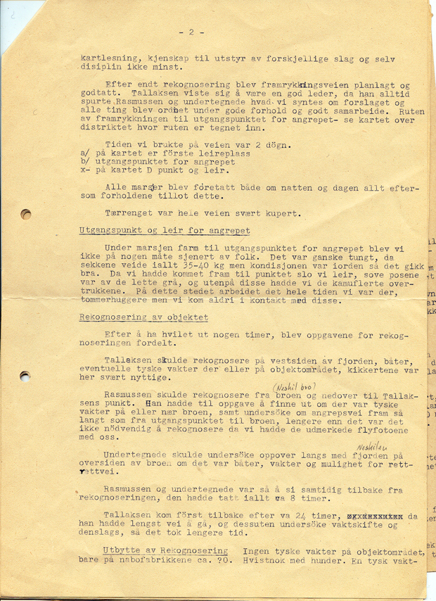 Rapport fra sabotasjeaksjonen 1943 av A. Tønnes, side 2