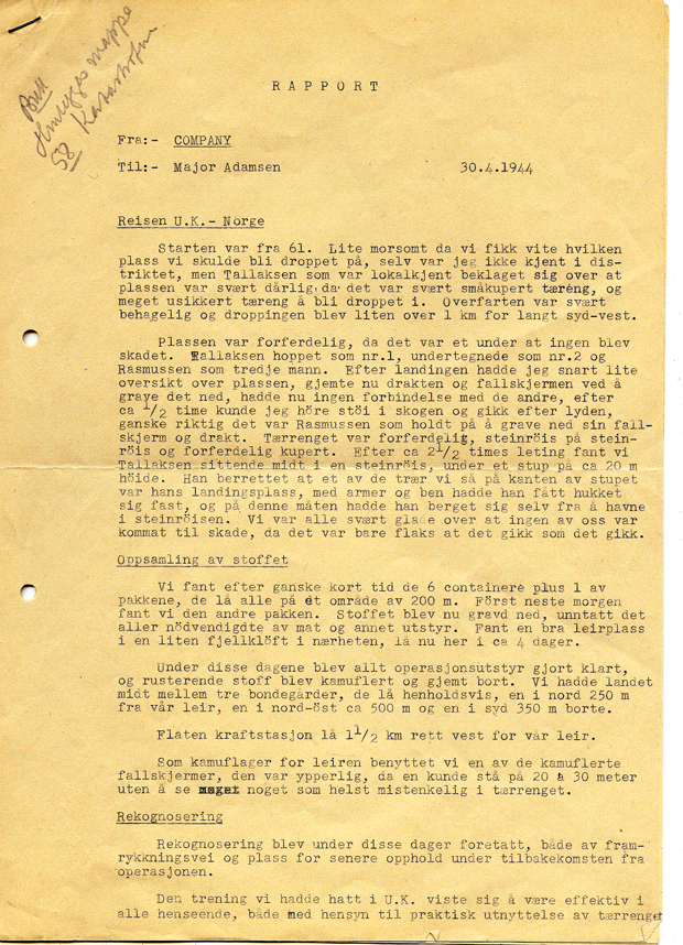 Rapport fra sabotasjeaksjonen 1943 av A. Tønnes, side 1