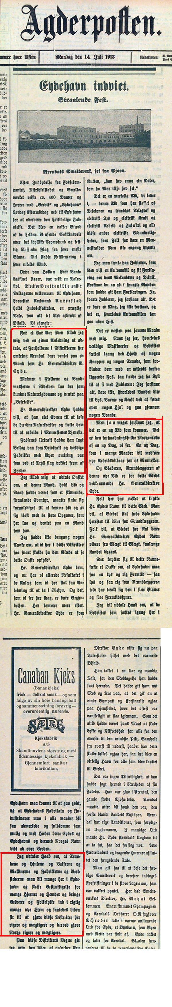 Utdrag fra Agderposten 14. juli 1913 med overskriften "Eydehavn innviet."