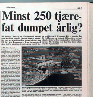 Avisutklipp fra Aftenposten med overskriften "Minst 250 tjærefat dumpet årlig?"