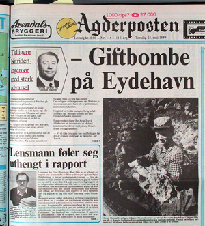 Avisutklipp fra Aftenposten 25. mai 1999, med overskriften "-Giftbombe på Eydehavn"